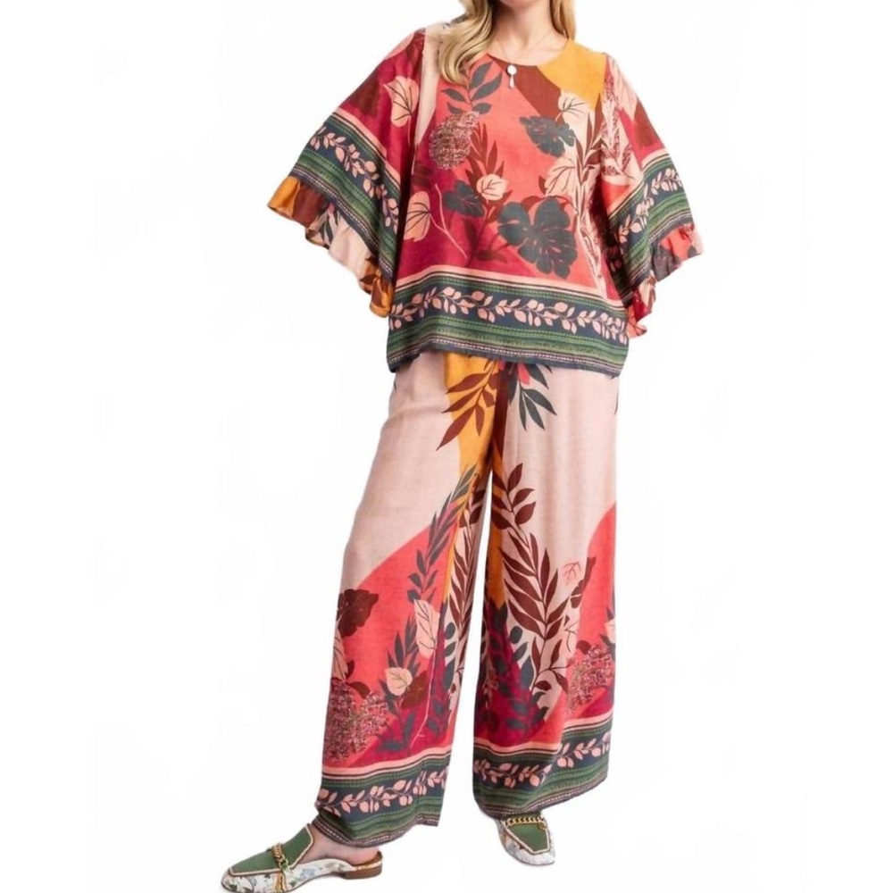 Easel NWT Floral Border Printed Rayon Wide-Leg Pants Size Large - Picture 4 of 7